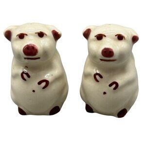 Vintage Ceramic pig Salt & Pepper Shakers Hand-Painted white & Brown 2.5" READ